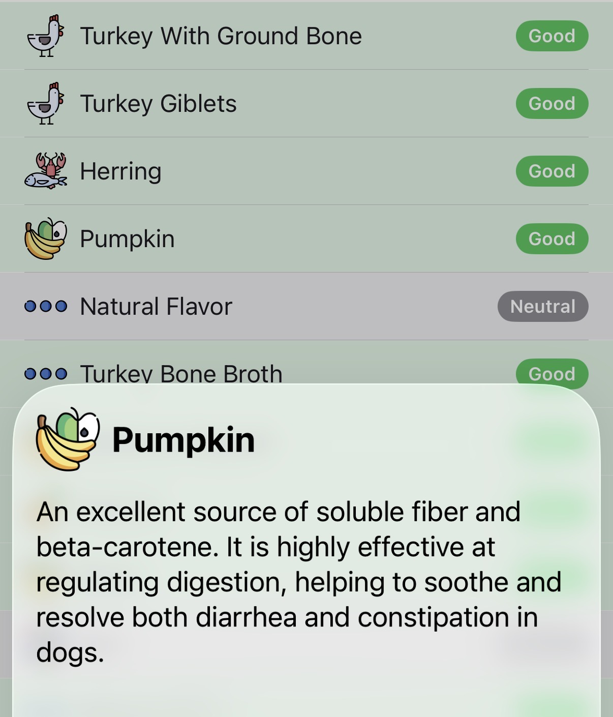 Ingredient composition breakdown with per-item scoring