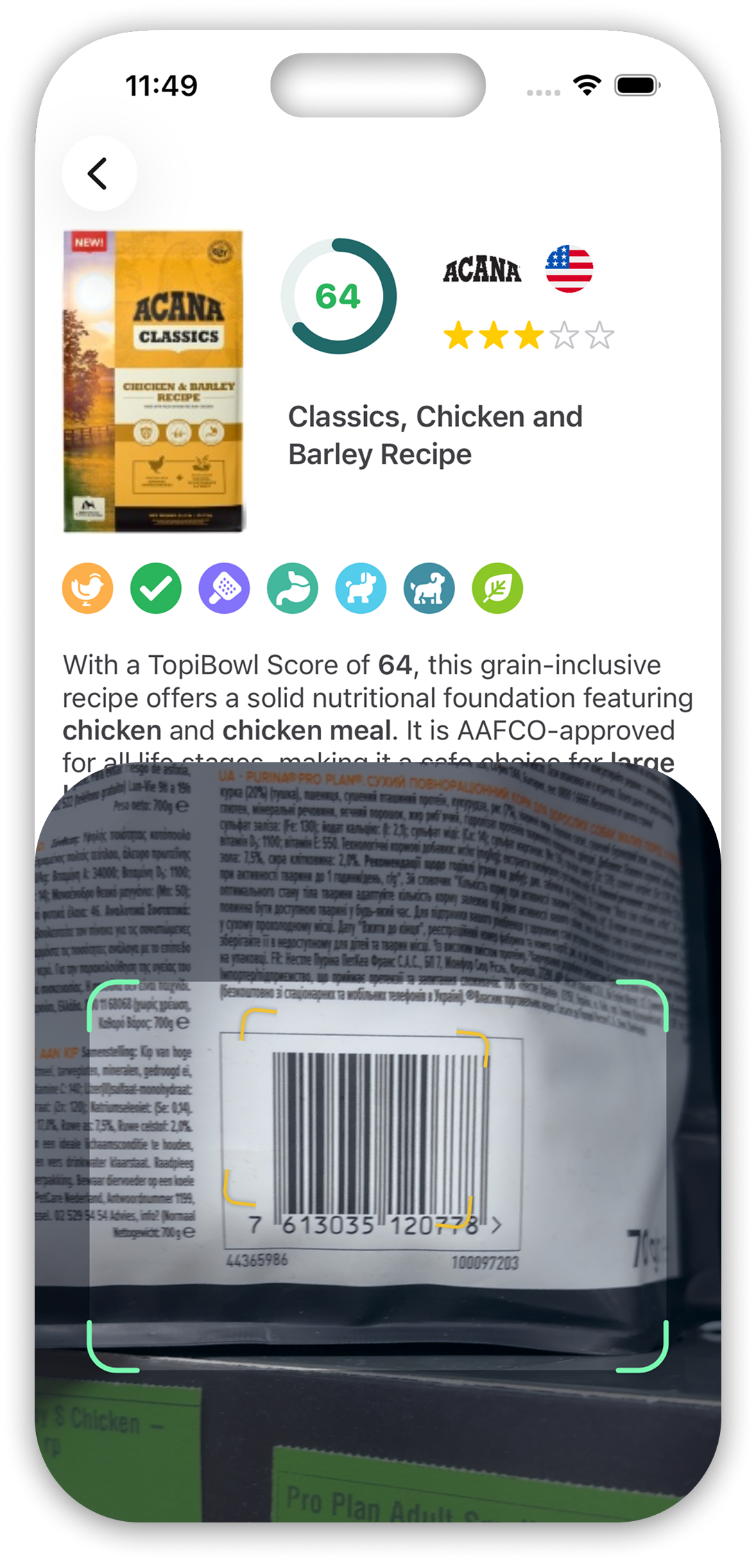 TopiBowl kibble scanner showing instant review and nutrition score